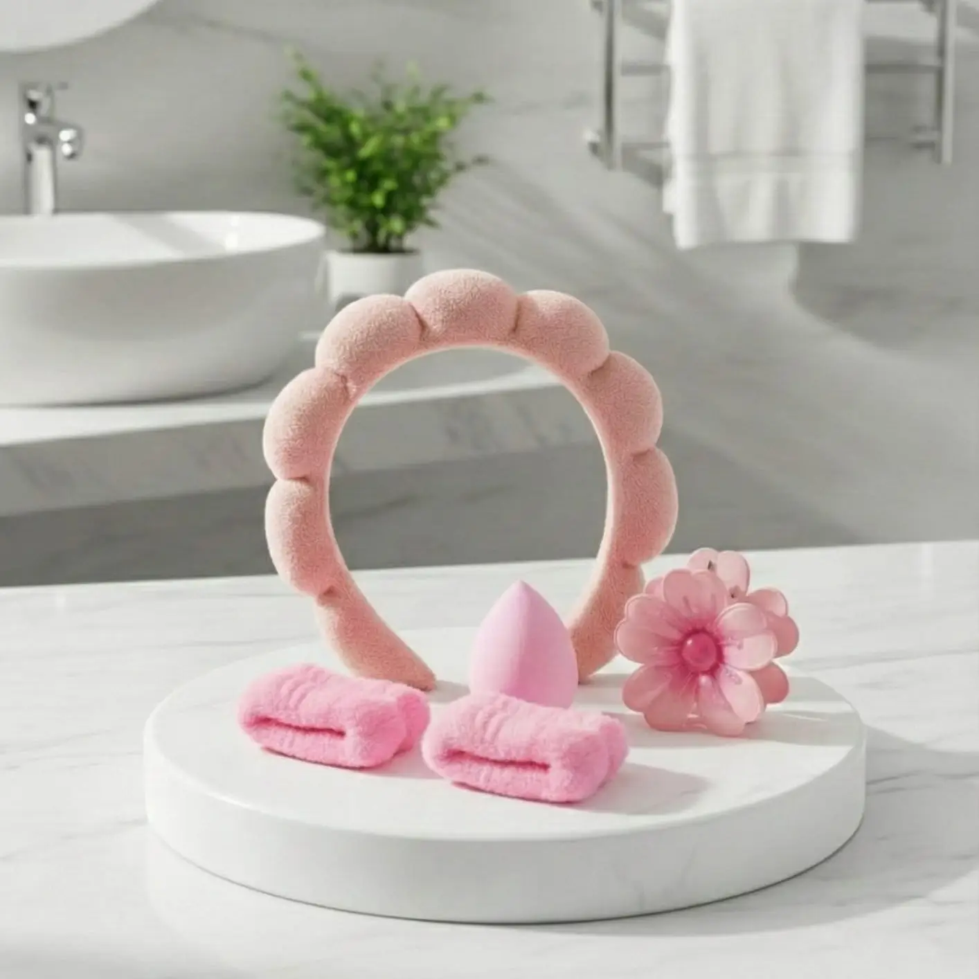 Set Accessori Skincare Rosa – Fascia, Blender, Massaggiatore e Fermacapelli